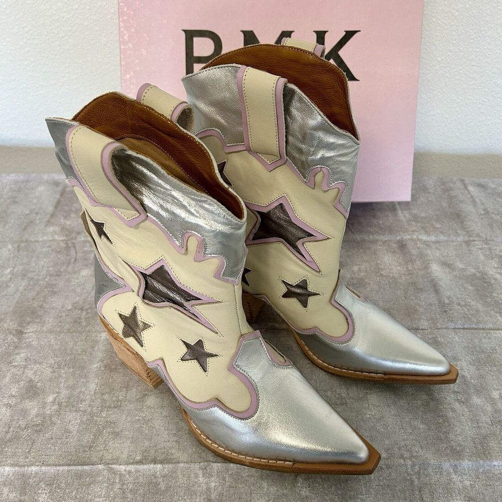 PMK Shoes Charo Mid Calf Silver Leather Western Boots Women Size 8 US Argentina